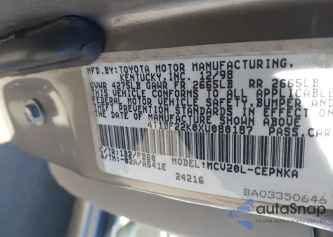 1999 Toyota Camry Le V6 из США, поврежденный, VIN 4T1BF22K0XU080187